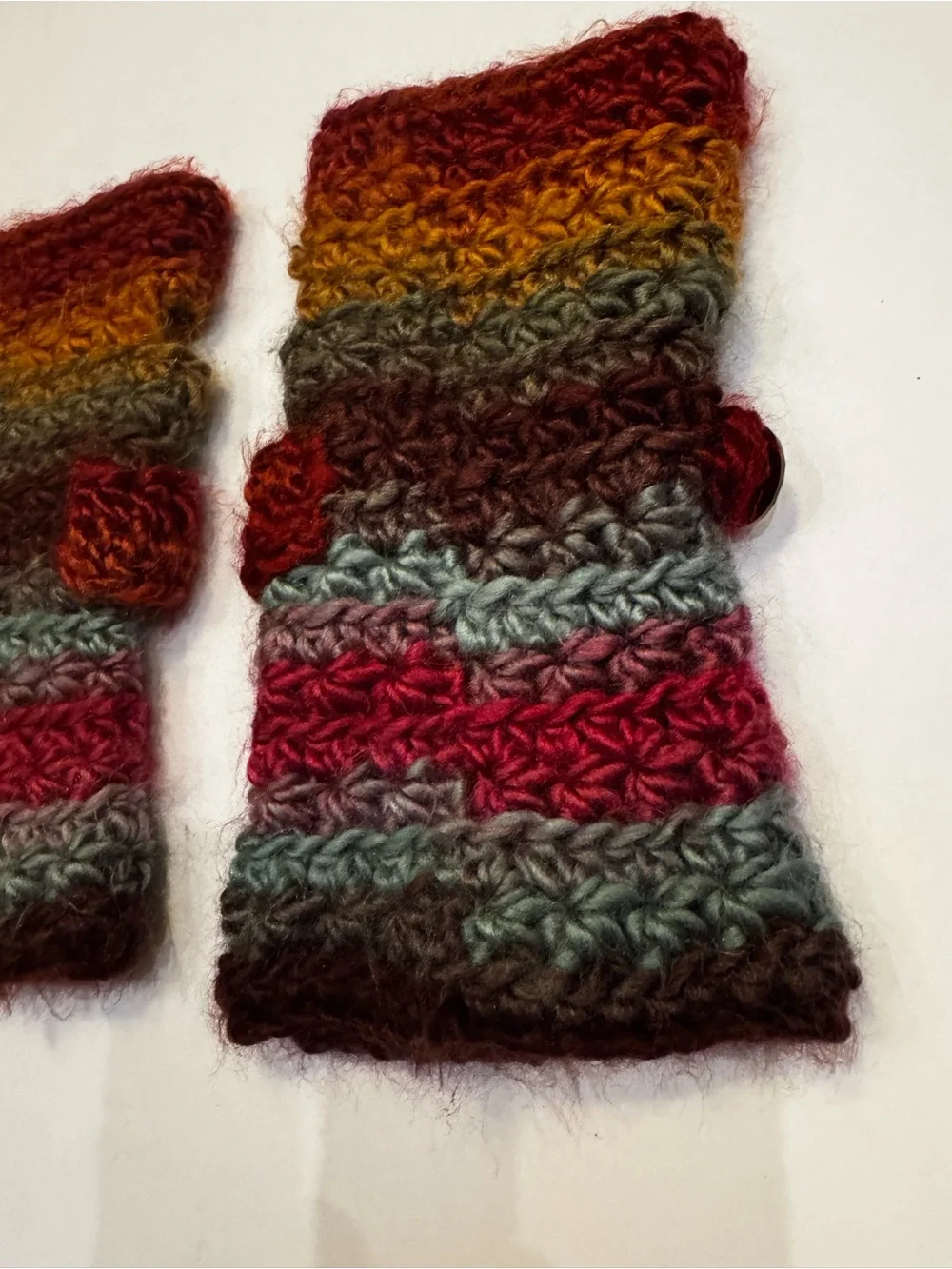 Handmade Handwarmers Crochet Striped Burgundy Blue Tan Mittens Womens